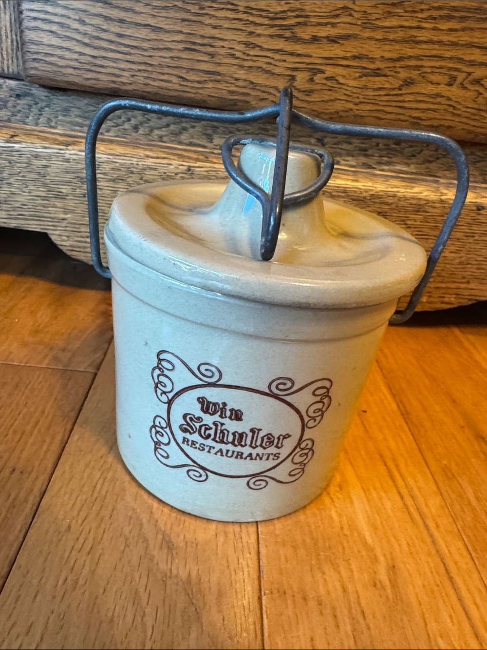 MCM Win Schuler Restaurants Ceramic Stoneware Crock with Wire Bail Handle